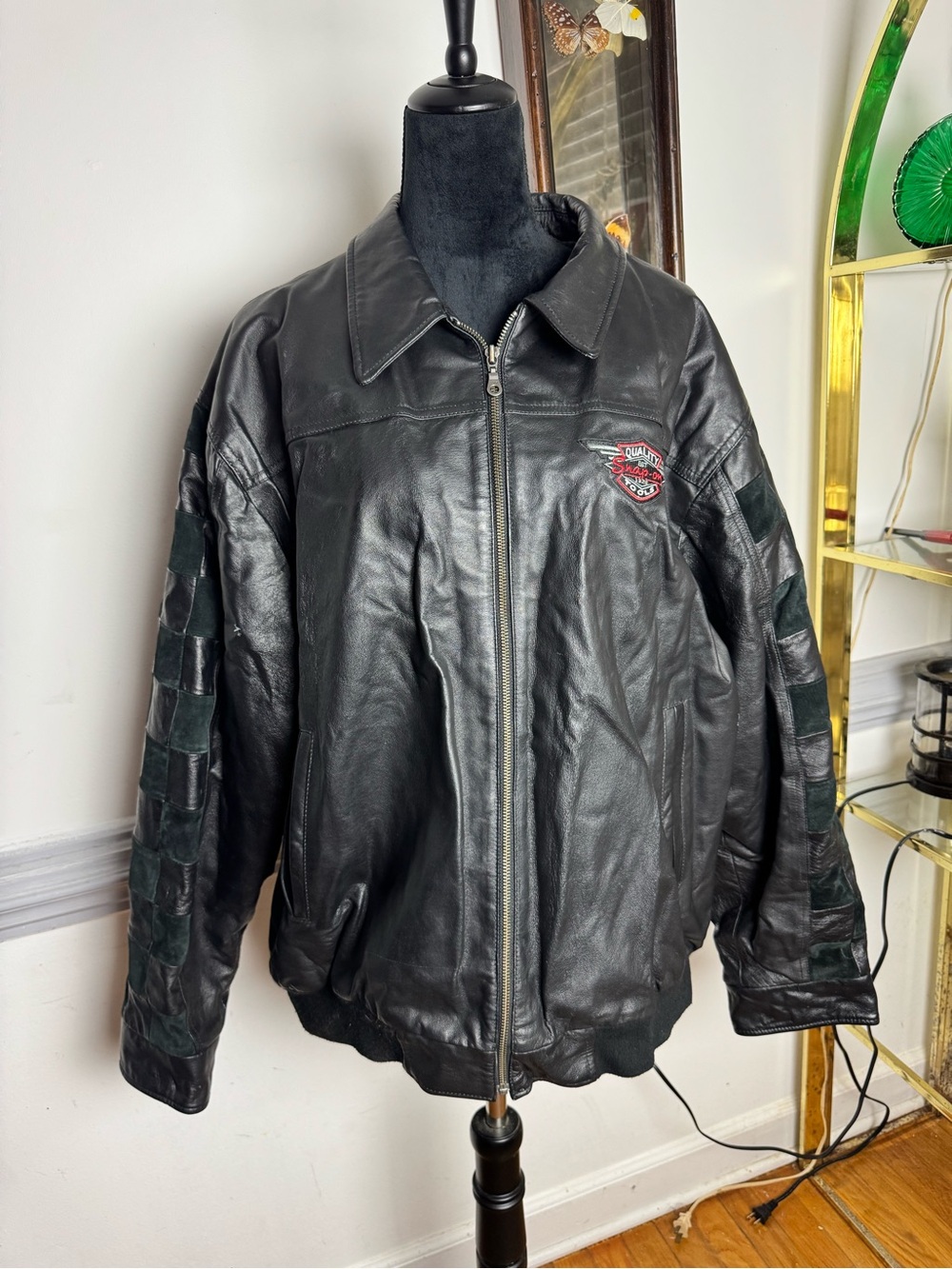 Men's Black Leather Bomber Jacket with Patch Detail